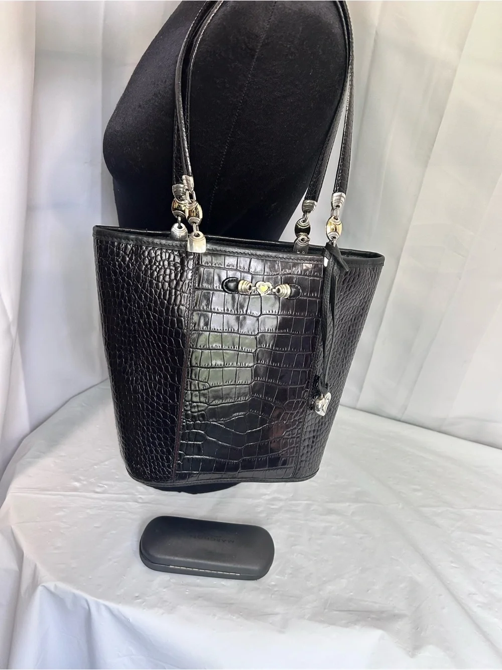 Vintage Brighton Shiny Black Croc Embossed Leather Shoulder Bucket Bag Purse